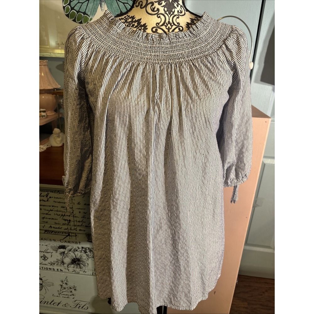 Melissa Paige‎ Boho Smocked, Navy And White Striped Blouse Sz Medium